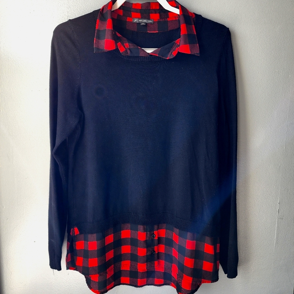 Adrianna Papell Red and Black Sweater Plaid Shirt